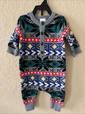 Hanna Andersson Gray Fair Isle Knit One-Piece with Green Blue Red Accents